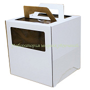 Кондитерский короб белый 28х28х30 см с окном и ручками (микро-гофро-картон)
