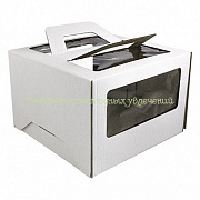 Кондитерский короб белый 22х22х15 см с окном и ручками (микро-гофро-картон)