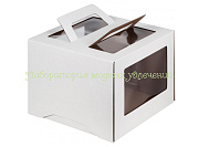 Кондитерский короб белый 28х28х20 см с окном и ручками (микро-гофро-картон)